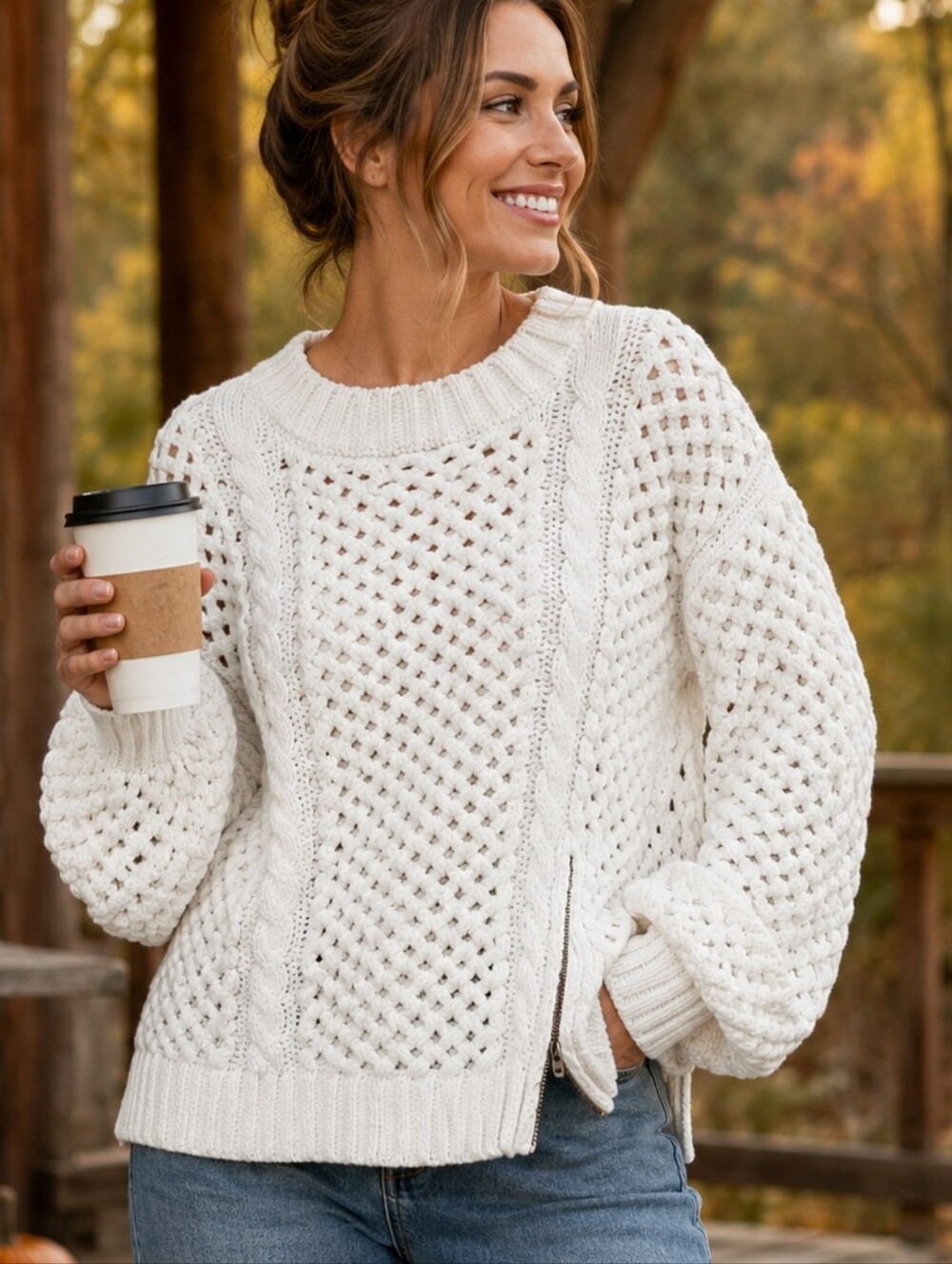 POL Chunky Open Weave Cable Knit Sweater Neutral White Size Medium